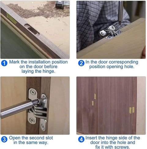 Installation guide for Hidden Door Hinges Set For Cabinets 180 Degree Concealed Cross Hinges with steps for aligning and screwing.