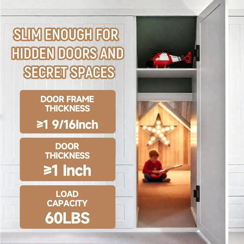 Hidden Door Hinges Two Pack Ultra Thin Concealed Hinges For Secret Doors Pantries And Closets No Tools Needed Heavy Duty Invisible Design Ideal For DIY Projects Fits Doors One Inch Thick And Frames At Least One And Seven Sixteenths Inches image shows a child playing guitar in a secret space behind a white door with specifications displayed on the side.
