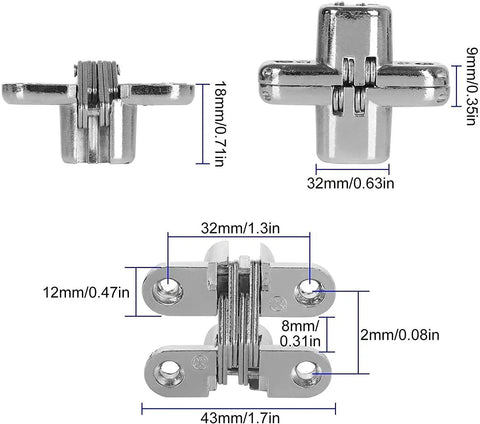 Dimensions diagram of Hidden Door Hinges Set For Cabinets 180 Degree Concealed Cross Hinges Invisible Hinges 10 Pack, showing measurements
