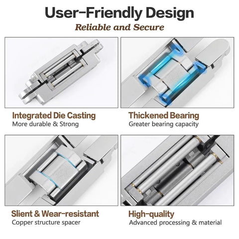 Close-up of Hidden Door Hinges 6 Inch Stainless Steel Pack Of Two Concealed Hinges showcasing design features and materials.