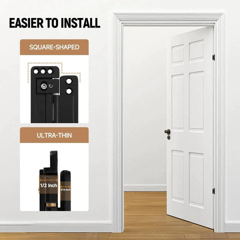 Hidden Door Hinges Two Pack Ultra Thin Concealed Hinges shown on open door, square-shaped and ultra-thin design for DIY projects.