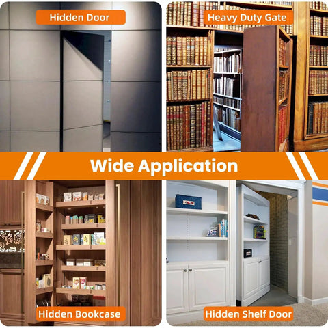 Premium Beefy Heavy Duty Hidden Door Pivot Hinge Kit for Secret Bookcase Doors, showcasing wide application in home settings.