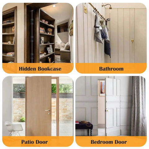 Different doors including hidden bookcase door, bathroom door, patio door, and bedroom door with concealed hinges installation.