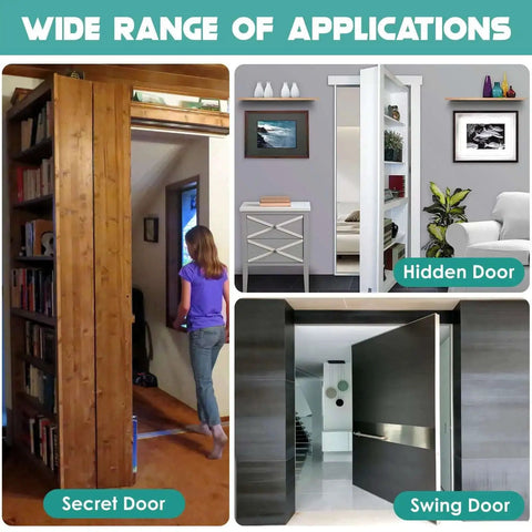 Hidden Pivot Door Hinges For Wood Rooms And Bookcases shown in secret Murphy bookshelf and hidden door installations.