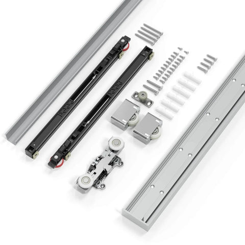 36" Concealed Sliding Barn Door Hardware Kit with Soft Close Mechanism for 28in Passage Opening, includes tracks, rails, and mounting hardware.