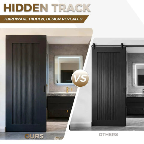 Comparison of Concealed Trackless Barn Door Hardware Kit 47 Inch Hidden Sliding System with traditional barn door setup