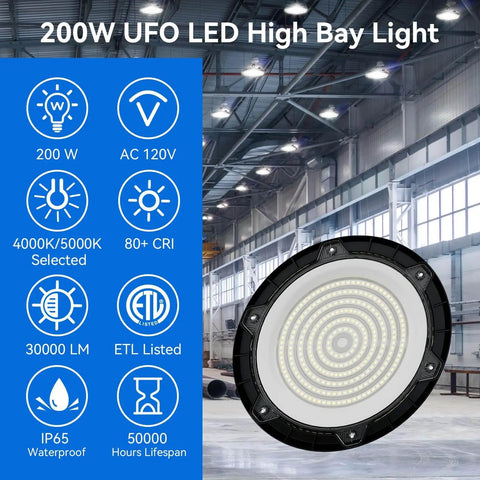 High Bay LED Light 200W 30000 Lumens Shop Lighting Two Color Temperature 4000K And 5000K IP65 Waterproof UL ETL Listed