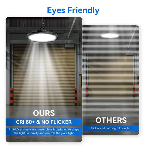 Comparison of High Bay LED Light 200W 30000 Lumens Shop Lighting with other lights showing no flicker and bright output