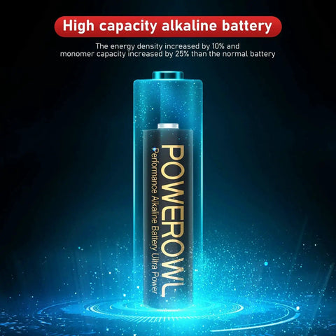 High Capacity Alkaline AA AAA Batteries 16 Pack Long Lasting 10 Year Shelf Life with performance details and glowing effect