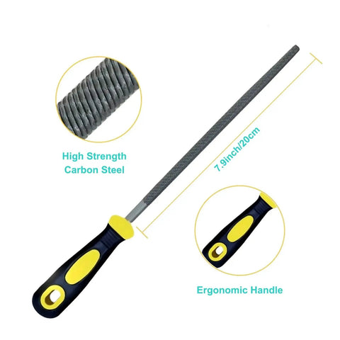 7.9-inch metal file with ergonomic handle and high-strength carbon steel, part of 8 Inch 3 Piece Metal File Set With Flat Round And Half Round Files In High Carbon Steel For Metalworking Woodworking Jewelry Making Plastics Shaping Ceramic And Glass Smoothing Durable 8 Inch Files For Precise Material Finishing And Shaping.