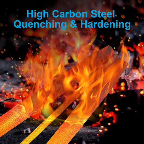 3 Piece 8 Inch High Carbon Steel Metal File Set Includes Flat Round And Half Round Files undergoing quenching and hardening.