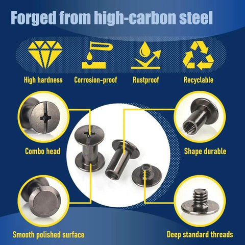 Diagram showing features of 130 Sets Gunmetal Black Chicago Screws Leather Rivets Kit with smooth polished surface and combo head.