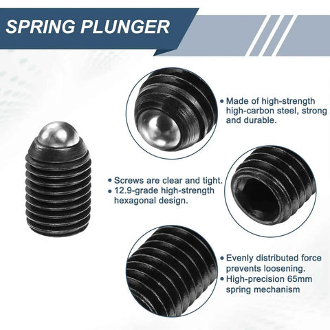 Close-up of 10 Pieces M16 By 20mm Screw Thread Ball Plunger With Hex Socket High Carbon Steel Spring Plungers, black finish, labeled features.