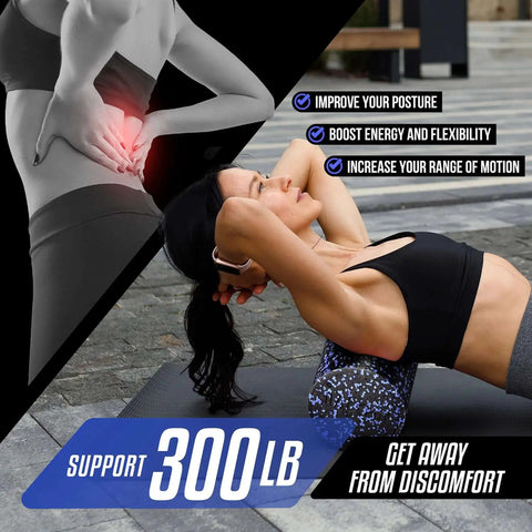 Woman using High Density EPP Round Foam Roller For Back Relief, Yoga And Pilates Training, Firm Deep Tissue Massage Tool, blue speckled