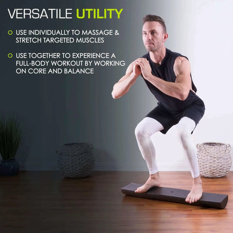 Man balancing on high density foam roller 36 inch long firm full body massager for back stretching, yoga, Pilates, deep tissue recovery.