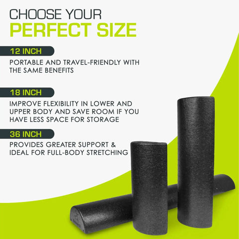 High Density Foam Roller 36 Inch Long Firm Full Body Massager in black with size options for back stretching and mobility