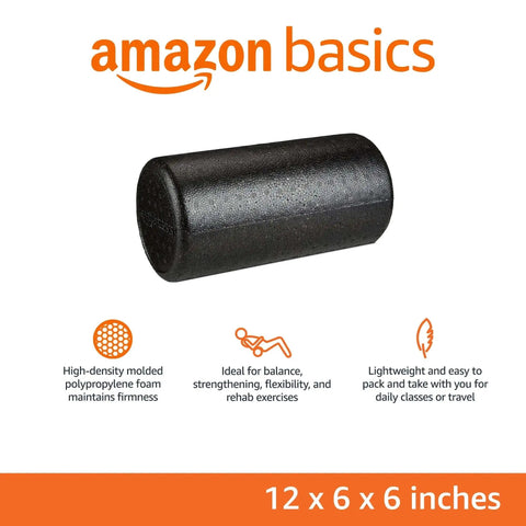 High Density 12 Inch Foam Roller for Exercise and Recovery in Black, Durable Polypropylene Core With Firm Molded Edges, shown upright