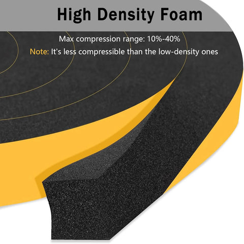 Close-up of Trisiki weather-stripping foam tape; black high-density foam with yellow backing, adhesive, 1/2 in x 1/4 in.