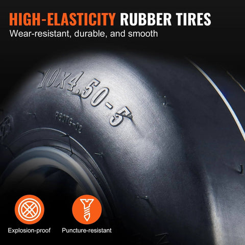 Close-up of 10x4.5-5 rubber tire showing wear-resistant properties, part of Go Kart Tires and Rims, 10x4.5-5" Go Kart Wheels.