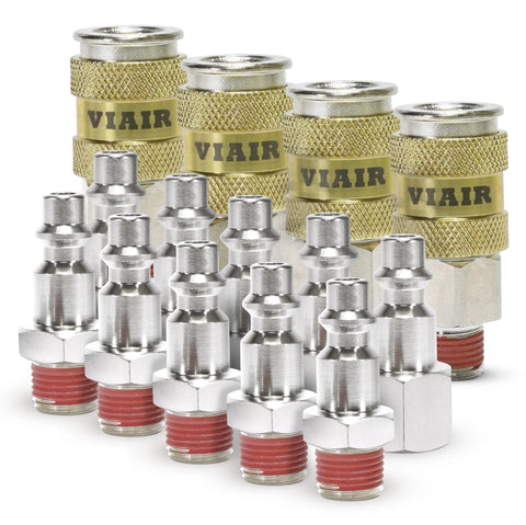 Couplers and studs set, high-flow 1/4 in NPT, VIAIR logo, 2M/2F couplers and 5M/5F studs.