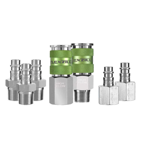 Flexzilla Pro 7-piece high-flow coupler and plug kit, 3/8 in NPT, green knurled high-flow connectors