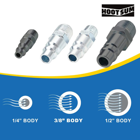 3/8 Inch High Flow Air Hose Quick Connect Fittings Kit With 3/8 And 1/4 Inch NPT Threads Couplers visible with airflow symbols