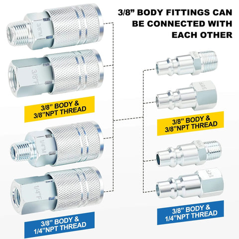 3/8 Inch High Flow Air Hose Quick Connect Fittings Kit With 3/8 And 1/4 Inch NPT Threads Couplers And Plugs Industrial Type 24Pc Set For Air Compressors Delivers Up To 70 Percent More Air Flow For Faster Tool Performance.