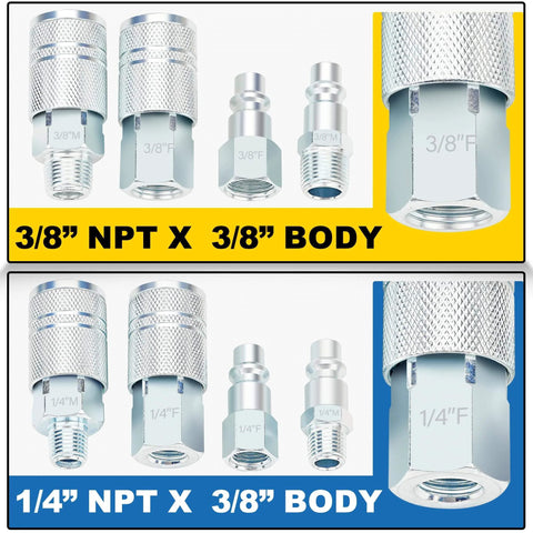 3/8 Inch High Flow Air Hose Quick Connect Fittings Kit With 3/8 And 1/4 Inch NPT Threads Couplers And Plugs Industrial Type