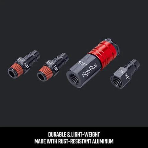 Craftsman 4-pc high-flow aluminum fittings set with 1/4 in NPT threads; red main fitting with black connectors
