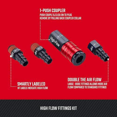 4-pc aluminum high-flow fittings kit with 1/4 in NPT threads; red and black quick-connect adapters