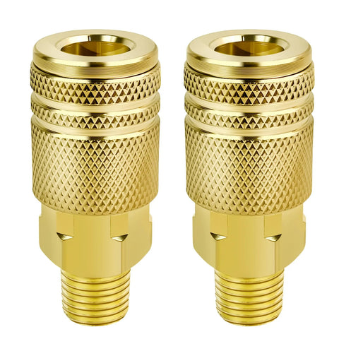 Brass air quick-connect fittings, 1/4 in NPT M-style, two-pack with knurled grips