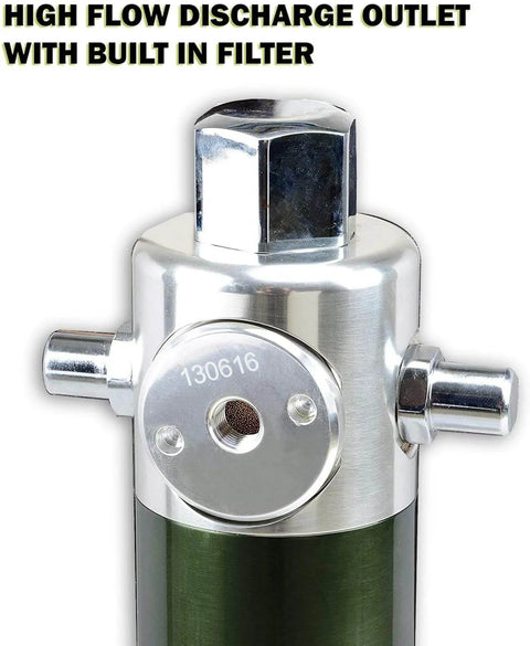 Close-up of Lubeworks Oil Transfer Drum Pump Double Action 3:1 Fast Flow Rate 7.4gpm / 28lpm for SAE130 oils showing high flow outlet