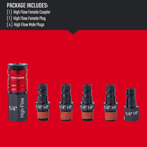 Craftsman 6-piece high-flow fittings kit, aluminum, 1/4 NPT threads; includes coupler, female plug, and four male plugs