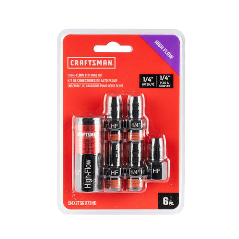 Craftsman 6-pc high-flow aluminum fittings kit, 1/4 in NPT threads, on red packaging (front view)