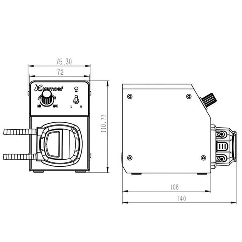 Diagram of 40-210ml/min high flow peristaltic pump 12V dc variable speed small dosing pump with dimensions and Norprene tube outlets.