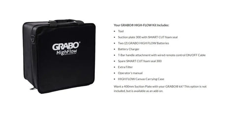 Carrying case for High-Flow Cordless Vacuum Lifter For Pavers And Porous Materials With LED Pressure Display shown with kit contents list.
