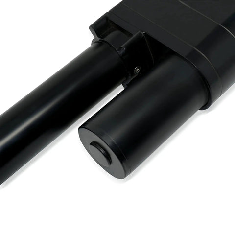Close-up of Beefy 12V High Force Linear Actuator With 6 Inch Stroke Delivers Up To 2000 Lbs Push Pull And IP65 Protection, metal shaft.