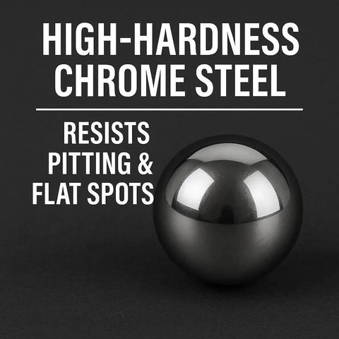 High-hardness chrome steel ball with text emphasizing resistance to pitting, related to (25 Qty) 1/2" Inch (0.50") Precision Chrome Steel Bearing Balls G25.