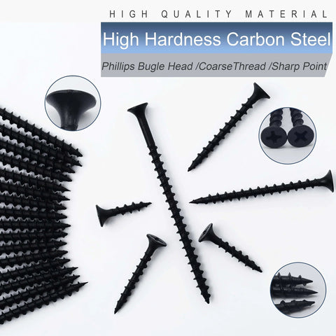 High Hardness Drywall Screws Assortment Kit 166 Pieces Coarse Thread Phillips Drive Black Wood Screws on white background