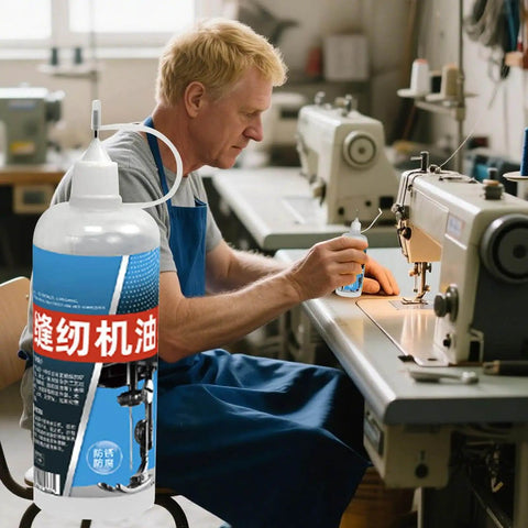 Man using high heat multi purpose machine oil for commercial and home use on sewing machine