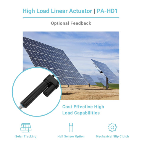 Beefed Up Heavy Duty 24V Linear Actuator With 40 Inch Stroke And 1574 Lbs Push Pull Capacity Stainless Steel Shaft Water Resistant Overload Protection Rugged Industrial Grade PA HD1 By Progressive Automations mounted on solar tracker.