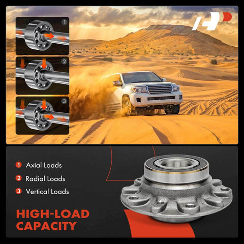 Diagram showing axial, radial, and vertical loads with an SUV driving on sand. Two Pack Front Wheel Bearing And Hub Assembly For BMW E38 740i 1995 1997 2001, 740iL 1995 2001, And 750iL 1995 2001 Replaces Worn Hubs With High Load Ball Bearing For A Smooth Ride And No Fuss Install.