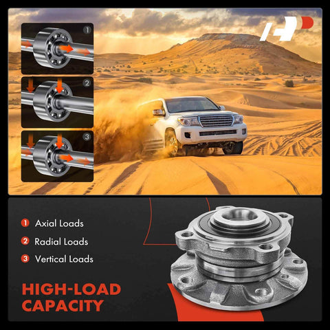 Front Wheel Bearing And Hub Assembly Pair For BMW 525i 530i 540i Z8 1997 To 2003 Replacement displayed with load capacity infographic.
