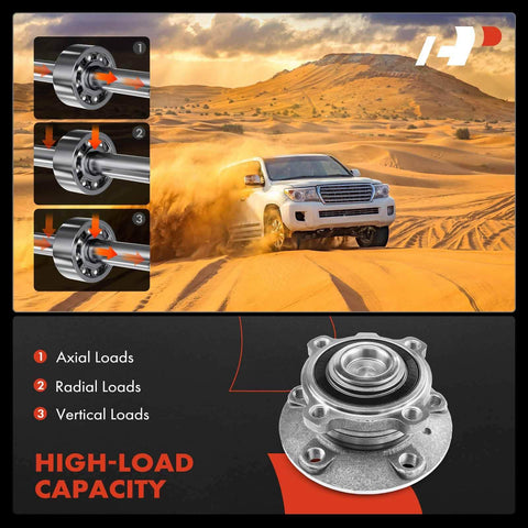 Diagram showing axial, radial, and vertical loads with SUV in desert and Front Wheel Bearing And Hub Assembly For BMW 745i 745Li 750i 750Li 760i 760Li Alpina B7 2002 to 2008 Direct Fit OEM Replacement Easy Install With High Load Capacity And Smooth Rolling.