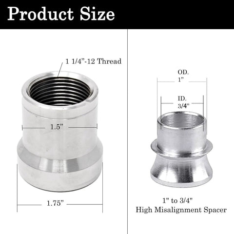 Dimensions of 1 1/4 Heim Joints Rod End Kit with High Misalignment Spacers, showing thread and spacer measurements.