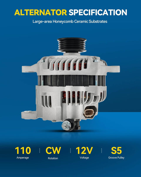 Beefed Up 110 Amp 12V Alternator For Subaru Impreza 2006 2010 2.5T Forester 2006 2010 2.5T Legacy 2005 2.5T Outback 2005 2.5T Saab 9-2X 2006 2.5T With 5 Groove CW Pulley Replaces 11226N 23700AA521 23700AA520 23700AA570 32010647 11226 front view