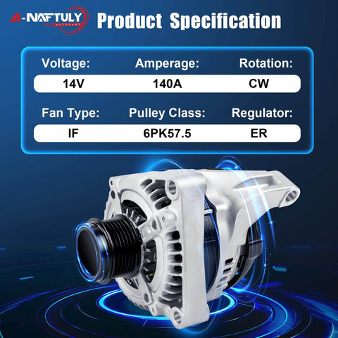 Beefed Up High Output 140A Alternator Replacement For Dodge Caravan Grand Caravan Town And Country 2001 Through 2007 3.3L And 3.8L Engines Voyager 2001 2003 Durable Auto Electrical Part, front view showing specifications and pulley design