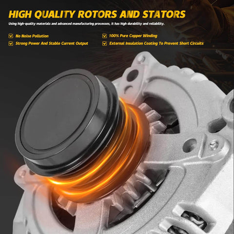 Close-up of 11570N 04801624AD Alternator Replacement with orange coil highlighting, suitable for Dodge and Chrysler models 2011-2020
