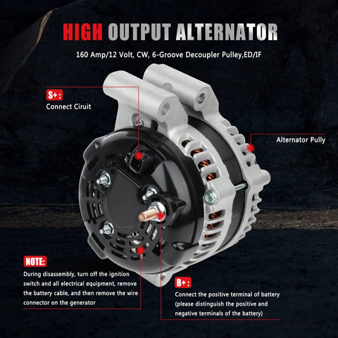High Output 160 Amp 12 Volt Alternator Drop In Replacement For 3 6L V6 Chrysler 300 2011 To 2017 Ram 1500 2016 To 2017 Dodge Charger Durango 2011 To 2017 Fits OEM Specs With Full Functionality And Superior Performance front view