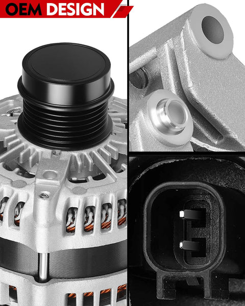 Detailed view of 3.6L V6 High Output Alternator Replacement 180Amp for Dodge Durango Challenger with visible connectors and design features.